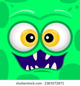 Funny monster with a smiling green face, emotions cartoon halloween monstrosity face. Cute monster face with a square head. Halloween card design with fantastic creature. Monster cover design for note