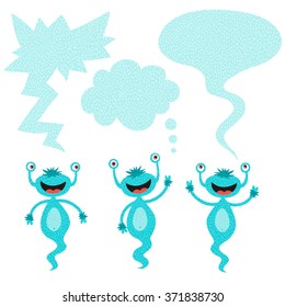 Funny monster and speech bubbles - vector set. Alien collection, isolated.