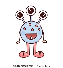 Funny monster with three eyes and one tooth isolated object. Baby character vector illustration. Funny friendly weirdo cartoon