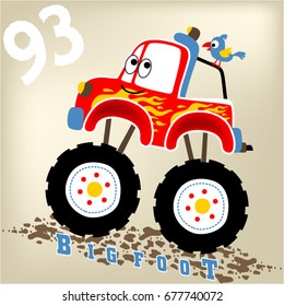 Funny monster truck with a little bird, vector cartoon illustration