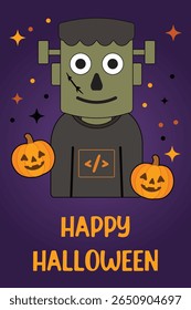 Funny monster in a T-shirt with programming symbols, standing on purple background with pumpkins. Perfect Halloween tech-themed illustration for coders, developers,  creatives. Vertical greeting card