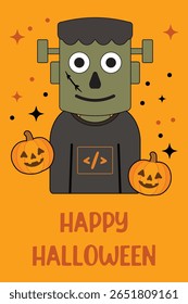 Funny monster in a T-shirt with programming symbols, standing on orange background with pumpkins. Perfect Halloween tech-themed illustration for coders, developers,  creatives. Vertical greeting card
