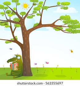 Funny monster under the summer tree reading book background. Cute green creature character learning studying in wild nature colorful cartoon. Vector illustration.