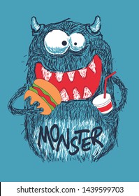 Funny monster vector design with hamburger