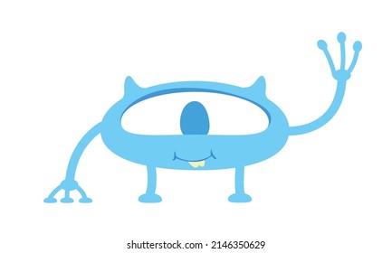 Funny monster waving with hand semi flat color vector character. Standing figure. Full body personage on white. Simple cartoon style illustration for web graphic design and animation