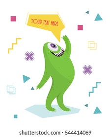 Funny monster waving his hand. Geometric colorful background. Cartoon character .Dialogue cartoon. Vector illustrations. Cheerful toothed monster. Geometric background. The cross, square, dot.