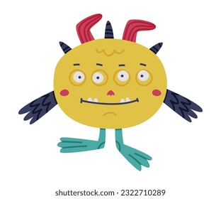 Funny Monster with Webbed Foot and Horns Standing Vector Illustration