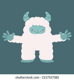 Funny monster yeti character. Vector illustration of a cute monster. Cute little illustration of yeti for kids, baby book, fairy tales, baby shower invitation, textile t-shirt, sticker.