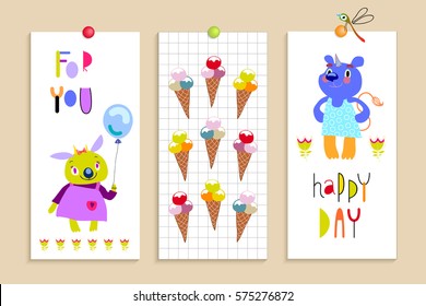 Funny monsters.Set of banners, flyers, cards with funny fantastic characters and ice cream. Bright colorful background for children's design, advertising. Summer collection. Vector illustration
