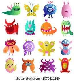 Funny monsters big colorful collection with bull scared plant peanut in love  spiral creatures isolated vector illustration 