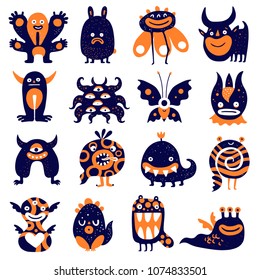 Funny monsters big set with butterfly scary plant sad rabbit spiral black orange creatures isolated vector illustration 