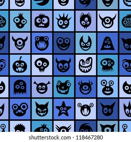 Funny monsters. Blue squared seamless pattern.