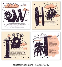 Funny monsters cards set. Four templates with short nursery rhymes in horror style. Vector illustration. Scary illustrated stories in verse