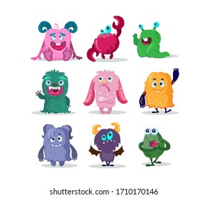 Funny monsters cartoon characters set. Colorful abstract aliens, cute trolls, goblins, comic gremlins, smiling animals. Vector illustration for Halloween party, scary creatures concept