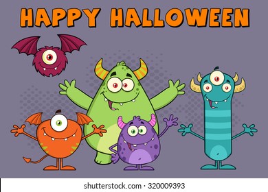 Funny Monsters Cartoon Characters. Vector Illustration Greeting Card