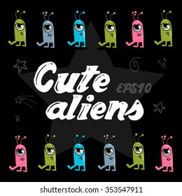 Funny Monsters Cartoon Characters. Vector Illustration Greeting Card