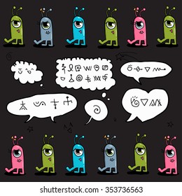 Funny Monsters Cartoon Characters. Vector Illustration Greeting Card