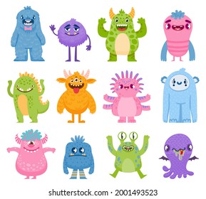 Funny monsters. Cartoon cute and scary creatures with horns and teeth. Halloween monster and alien characters. Friendly monsters vector set. Happy halloween animal, creature funny beast illustration