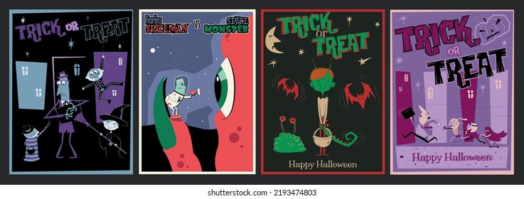 Funny Monsters Cartoon Style Comic Vintage Posters Set