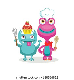 Funny Monsters Chef Character Vector. Animal Chef Cartoon Theme Elements. Vector Set Isolated On White Background.