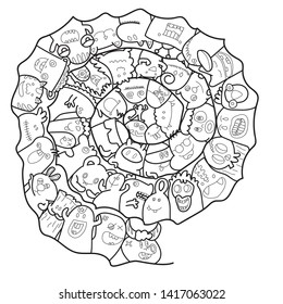 Funny monsters circle shape pattern for coloring book. Vector illustration 
