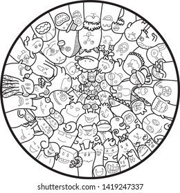 Funny monsters circle shape pattern for coloring book.  illustration