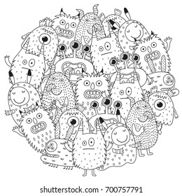 Funny monsters circle shape pattern for coloring book. Vector illustration