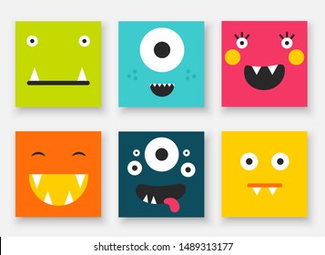 Funny monsters collection. Cute hand drawn doodle cards, postcards, posters with cartoon creatures for kids, baby shower, birthday
