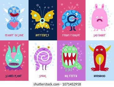 Funny monsters colorful background cards set with spiral scared plant and funny tongue creatures isolated vector illustration 