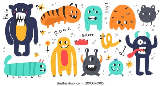 Funny monsters. Colorful creatures, cute little mutants or aliens, spooky fantasy characters, childish collection, baby nursery and textile design elements, vector cartoon flat style isolated set