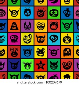 Funny monsters. Colorful squared seamless pattern.