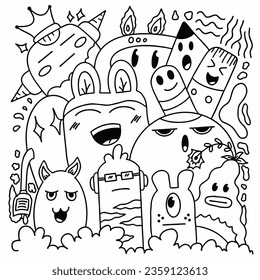 funny monsters. Cool hand drawn characters. Cartoon hand drawn doodles, children's illustration coloring background. black and white stripes.