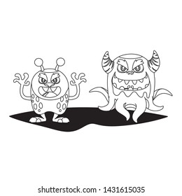 funny monsters couple comic characters monochrome