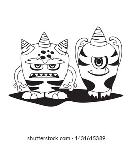 funny monsters couple comic characters monochrome