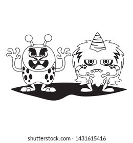 funny monsters couple comic characters monochrome