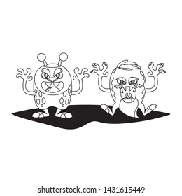 funny monsters couple comic characters monochrome