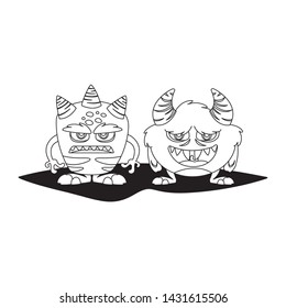 funny monsters couple comic characters monochrome