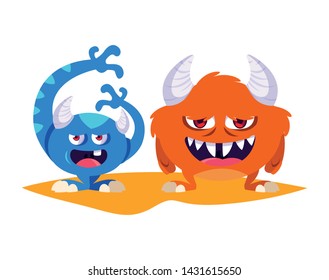 Funny Monsters Couple Comic Characters Colorful Stock Vector (Royalty
