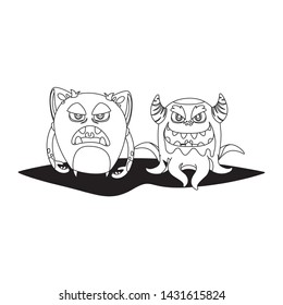 funny monsters couple comic characters monochrome