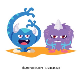 funny monsters couple comic characters colorful