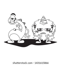 funny monsters couple comic characters monochrome