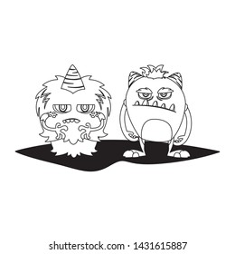 funny monsters couple comic characters monochrome