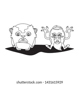 funny monsters couple comic characters monochrome
