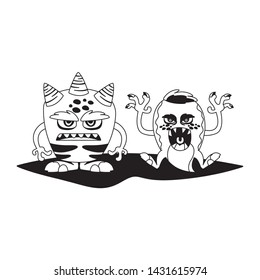 funny monsters couple comic characters monochrome