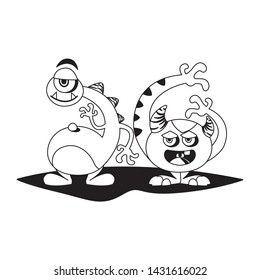 funny monsters couple comic characters monochrome