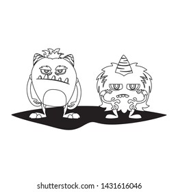 funny monsters couple comic characters monochrome