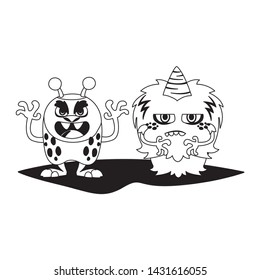 funny monsters couple comic characters monochrome