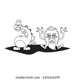 funny monsters couple comic characters monochrome