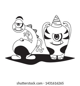funny monsters couple comic characters monochrome