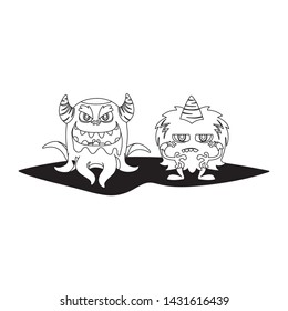 funny monsters couple comic characters monochrome